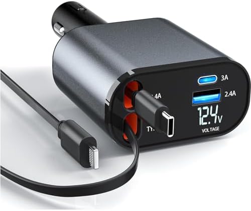 Revolutionary 4-in-1 Retractable Car Charger with Dual Ports – Fast Charging Solution Featuring Type C & Lightning Cables for Ultimate Compatibility and Efficiency – Tangle-Free, Durable Design for On-the-Go Power