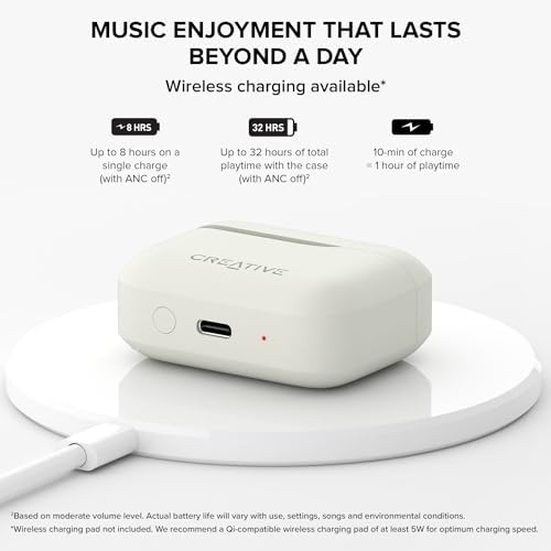 Creative Zen Air Plus Lightweight True Wireless Earbuds – Bluetooth LE Audio with Hybrid Active Noise Cancellation, Ambient Mode, and 32 Hours Playtime – Ergonomic Design with 6 Mics for Crystal-Clear Calls – Perfect for Commuting and Everyday Use (Cream)