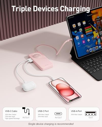 Ultra-Slim 10,000 m Ah Power Bank with 30 W PD Fast Charging & Integrated Retractable USB-C Cable – Perfect for i Phone 16/15, Samsung Galaxy 25/24, Google Pixel, and Mac Book Air – Effortless Portability Meets Stylish Efficiency in Sleek White Design for On-the-Go Charging