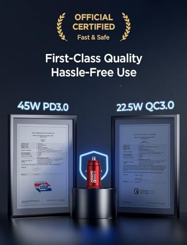 Compact AINOPE 67.5 W USB-C Car Charger – Fast Charging Dual Port QC3.0 Adapter for i Phone 16 & Samsung Galaxy – Mini Cigarette Lighter Accessory in Stylish Purple for Efficient On-the-Go Power Solutions