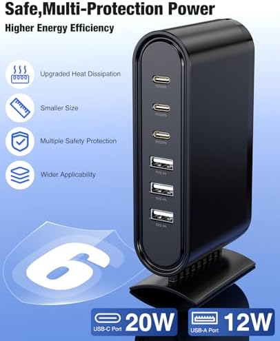 High-Power 96 W Multi-Device Charging Station – 6-Port USB-C Fast Charging Hub with 6 ft Cables for i Phone 16, 15 Pro Max, Samsung, Android & i Pad – Sleek Black Organizer for Home & Office Use – Rapid Charging Solution to Eliminate Cable Clutter
