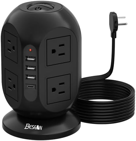 Ultimate Surge Protector Power Strip Tower: 8 AC Outlets, 4 USB Ports (Including 1 USB-C), 10 ft Flat Extension Cord – Versatile Charging Station for Home, Office or Dorm Use – Space-Saving Design with Advanced Surge Protection and Fast Charging Capabilities