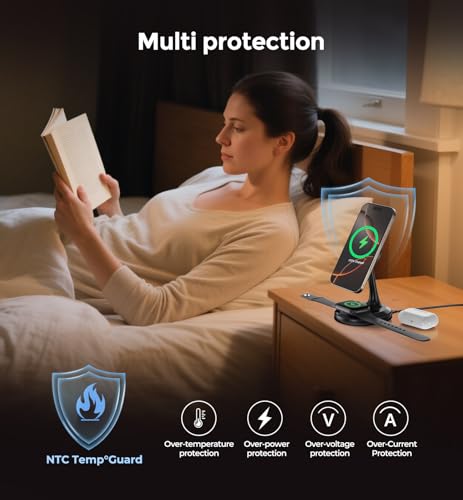 Revolutionary 3-in-1 Magnetic Wireless Charging Station for Apple Devices – 15 W Fast Mag-Safe Charger Stand for i Phone 16, 15, 14, 13, 12 Pro/Pro Max/Plus/Mini, Air Pods Pro/2/3, and i Watch Series – Ultimate Charging Efficiency with Enhanced Compatibility and Cooling Technology – Quick 0-100% Charge in 2 Hours – Secure Magnetic Hold with 22 N55 Magnets – Smart Chip Protection for Optimal Battery Health – Ideal for Apple Enthusiasts Seeking Simplicity and Convenience – Includes Type-C Quick Charge Cable and User Manual – Backed by 365-Day Warranty for Peace of Mind