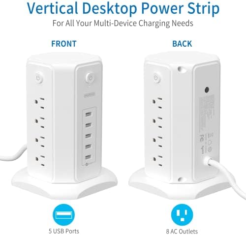10 ft NTONPOWER Power Strip Tower with 8 Outlets & 5 USB Ports – Premium Surge Protector with Individual Switches, 1080 Joules Protection, 13 A Circuit Breaker – Ideal for Home Office & Entertainment Setup, Sleek Black Design for Ultimate Convenience