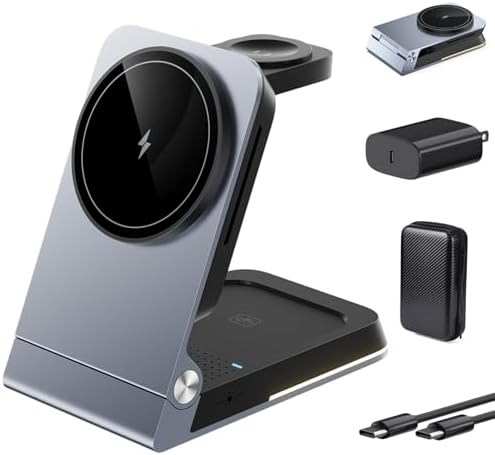 Premium Aluminum 3-in-1 Foldable Wireless Charger Station – Fast Magnetic Charging Dock for i Phone 16/15/14/13/12, Apple Watch & Air Pods with Touch Night Light – Portable Travel Charger with 20 W PD Adapter & Waterproof Case – Ideal Gift for Home, Office & On-the-Go Use