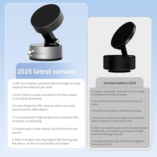 Vacuum Magnetic Phone Stand for Car Mount,【360°Rotatable】Suction Cup Cell Phone Holder for Women Men iPhone Samsung Huawei【Waterproof】Foldable Phone Mount for Car Accessories/Shower/Desk/Mirror (Grey) – Enhanced Compatibility and Speed
