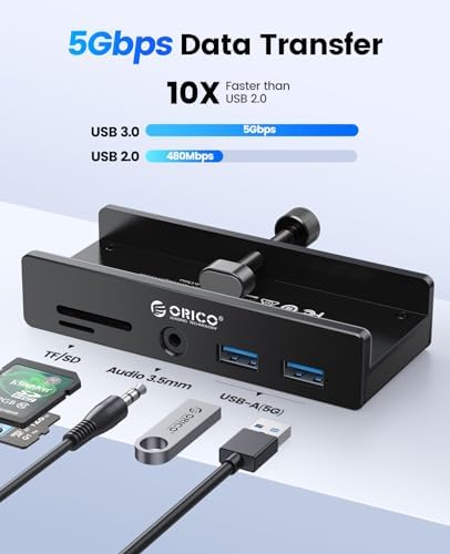 Upgrade Your Digital Experience with the ORICO USB Hub 3.0 – Stylish Aluminum Clamp Adapter Featuring Dual High-Speed USB-A Ports, 3.5 mm AUX for Superior Audio, and SD/TF Card Reader for Effortless Media Transfers, Ideal for Modern Desktops