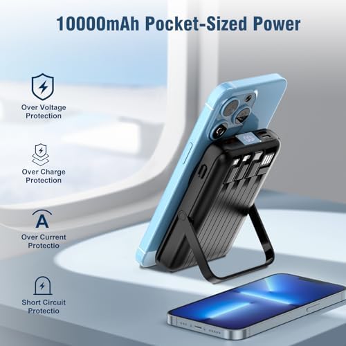 Ultra-Sleek 10000 m Ah Wireless Magnetic Power Bank – Fast Charging Portable Charger with Built-in Cables & LED Display – Compatible with i Phone 16/15/14/13/12/Pro/Mini/Pro Max (Purple) – Convenient On-the-Go Power Solution with Integrated Stand and Mag-safe Technology