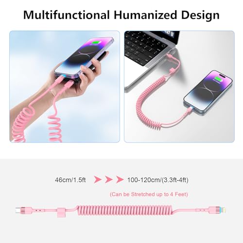 2-Pack Retractable Coiled USB-C to Lightning Charger Cable for i Phone – MFi Certified Fast Charging Solution for i Phone 14/13/12/11 SE/Xr & i Pad – 4 Ft Pink Car Play Cable for Uber and On-the-Go Syncing – Durable, Tangle-Free Design for Ultimate Portability and Efficiency