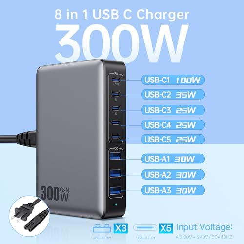 High-Power 300 W USB C Charging Hub – 8-Port Ga N III Fast Charger for Mac Book Pro, Dell, i Phone 16/15/14, Galaxy S23/22 – Ultimate Multi-Device Charging Station for Home and Travel with PD Compatibility