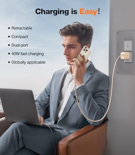 Experience Maximum Efficiency with TORRAS Flex Line 40 W Dual-Port USB-C Charger Block for Galaxy Z Fold 7 – Fast Charging Power Adapter with Retractable Cable, Ideal for i Phone 15/16 & Samsung Galaxy S25/S24 Ultra, Sleek Gold Finish for Ultimate Style and Portability