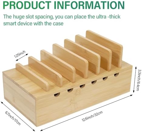 Eco-Friendly Bamboo Multi-Device Charging Station – Stylish Desk Organizer with 6 Premium Cables for i Phone & More – Efficient Quick Charge Hub for a Clutter-Free Workspace