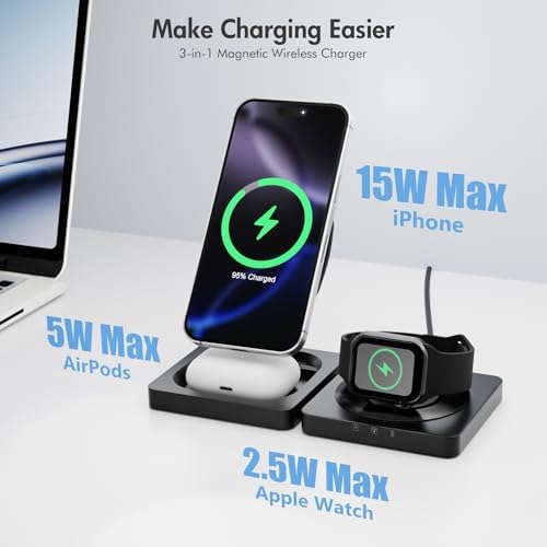 3-in-1 Magnetic Wireless Charger Station for i Phone 16, 15, 14, 13, 12 Pro Max, Apple Watch Series & Air Pods – Fast 15 W Charging Pad with Foldable Design for Ultimate Portability – Enhanced Magnetic Stability and Universal Compatibility (Black)