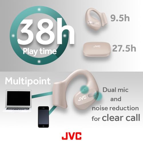 JVC Nearphones: Open Ear True Wireless Earbuds with 16 mm Drivers for Immersive Sound Quality, 38-Hour Battery Life, and Ultra-Portable Design – Ideal for Active Lifestyles and Enhanced Situational Awareness (Beige) – Effortless Device Pairing for Seamless Listening Experience