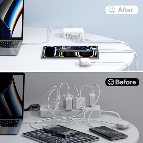 BREEKET 100 W USB C Fast Charger Hub – 6-Port Ga N Charging Station with 3 USB-A & 3 USB-C Connections – High-Speed Wall Adapter for i Phone 15/14/13/12/11 Pro Max, i Pad, Google Pixel & Samsung Galaxy Devices – Compact, Safe & Stylish Power Solution