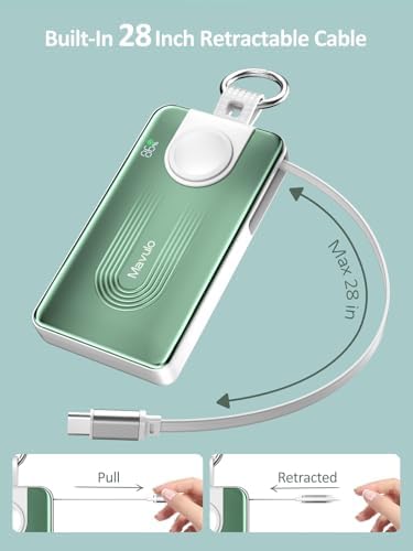Mavulo Ultra-Fast Wireless Power Bank for Apple Devices – 10000 m Ah Portable Keychain Charger with Retractable USB-C Cable, 20 W Quick Charge Capability, LED Battery Indicator – Compatible with i Phone 15/16, i Pad, Air Pods Pro, and Apple Watch – Sleek Black Design for On-the-Go Power Solutions
