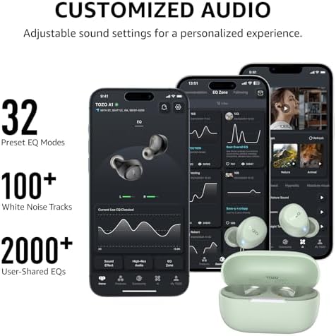 TOZO A1 Wireless Earbuds – Bluetooth 5.3 Lightweight IPX5 Waterproof Earphones with Dual Mic for AI Calls, Immersive Sound Experience, Customizable 32 EQ Presets via App, Ergonomic Fit & Portable Charging Case for Active Lifestyles