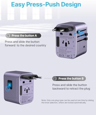 VINTAR Universal Travel Adapter: All-in-One Power Converter with 6 A Output, 3 USB-C and 2 USB Ports for Fast Global Charging Across Europe, UK, USA, and Australia – Essential Travel Accessory for Effortless Device Connectivity and Safety Features