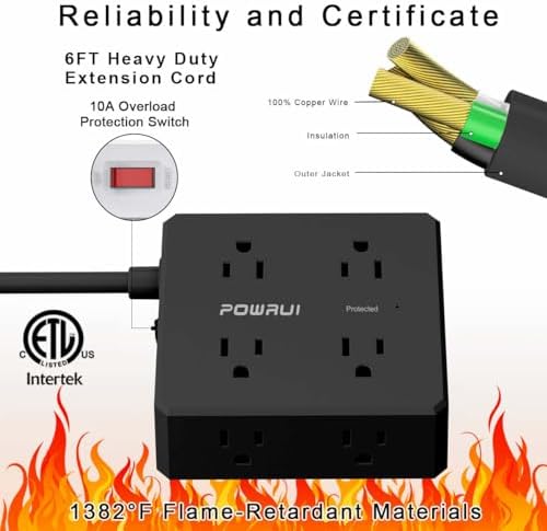 Maximize Your Power Management with a 6 Ft Surge Protector Power Strip – 8 Outlet Extension Cord Featuring 4 Fast USB Charging Ports (1 USB-C), Ideal for Home Office Convenience and Safety, ETL Listed for Enhanced Surge Protection and Compatibility