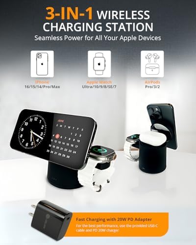 Revolutionary 3-in-1 Wireless Charging Dock for i Phone 16 Pro Max/15/14, Apple Watch Ultra/10/9/8/SE, and Air Pods Pro/3/2 – 15 W Fast Mag Safe Charger with USB-C Adapter for Seamless Device Management and Enhanced Compatibility
