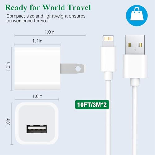 Lezaface 10 FT MFi Certified i Phone Charging Bundle – Dual Pack Lightning Cable and USB Wall Adapter for Rapid Charge & Data Syncing – Perfect Compatibility for i Phone 14/13/12/11/Mini/XS/Max/XR/X/8/7/SE – Ultimate Flexibility with Durable Design for Home, Office, and Travel Use
