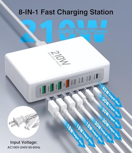 Revolutionize Your Device Charging with the 210 W Ga N III 8-Port USB C Hub – Lightning-Fast PD 45 W Power Delivery for Mac Book Air, i Phone 16/15/14/13/12 Pro Max, Samsung Galaxy S25/24 Ultra & More – Ultimate Efficiency for Home and Travel Needs