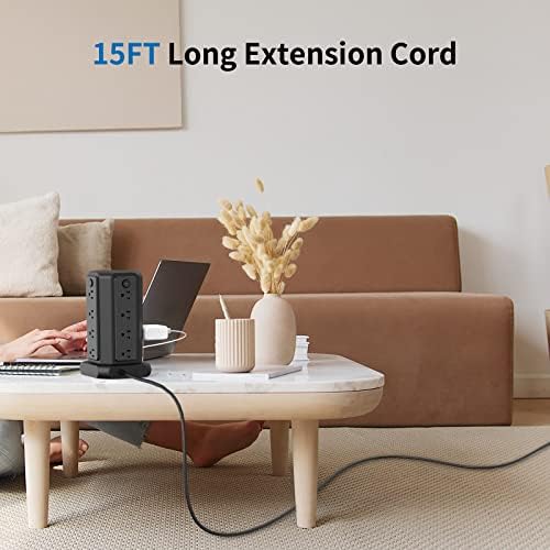 10 ft NTONPOWER Power Strip Tower with 8 Outlets & 5 USB Ports – Premium Surge Protector with Individual Switches, 1080 Joules Protection, 13 A Circuit Breaker – Ideal for Home Office & Entertainment Setup, Sleek Black Design for Ultimate Convenience