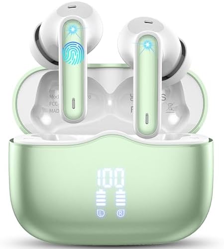 Premium Bluetooth 5.3 Wireless Earbuds with Hi-Fi Stereo Sound and Deep Bass – 40-Hour Playtime, 4 ENC Noise Cancelling Mics, IP7 Waterproof Design, Dual LED Display, Stylish Green Finish for Enhanced Audio Experience and Active Lifestyles
