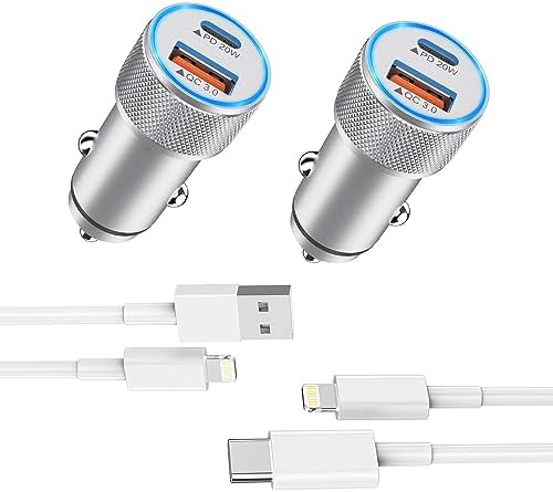 High-Performance i Phone Car Charger – Dual-Port 38 W USB-C & QC3.0 Fast Charging Adapter with 2 Lightning Cables, MFi Certified for i Phone 14, 13 Pro Max, 12, 11, X – Sleek Grey Design for Enhanced Compatibility and Efficiency on the Road