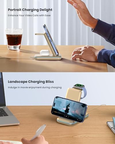 GEEKERA 3-in-1 Foldable Wireless Charging Station for Apple Devices – Fast Charge Your i Phone 16/15/14/13/12/11 Pro Max, Apple Watch Ultra/10/9/SE/8/7/6/5 & Air Pods Pro/4/3/2 with Travel-Friendly Design – Ultimate Multi-Device Charging Solution for Home & On-the-Go Efficiency