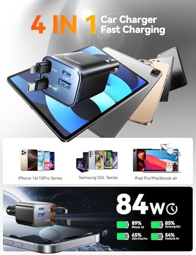 JOYROOM Ultra-Compact 84 W Retractable Car Charger – Fast USB-C Charging for i Phone 12-16 | Travel Essential Car Adapter for Quick Device Power-Up | Sleek Design, Tangle-Free Cable, Perfect Gift for Men & Women