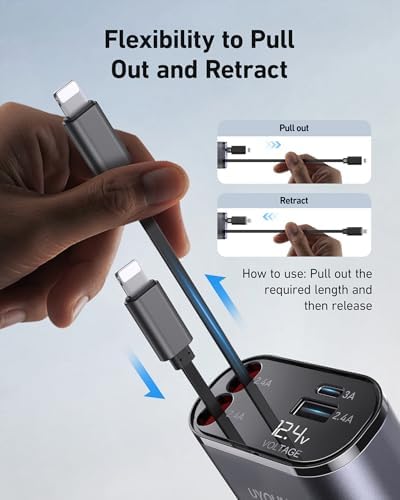 Revolutionize Your Road Trips with the UYOUNG 100 W Retractable Car Charger – 4-in-1 Fast Charging Solution with Dual 31.5-Inch Cables & Dual USB Ports for i Phone 15/14/13/12/11 Pro Max, Samsung, Pixel, and More – Ultimate Compatibility & Speed for Modern Travelers