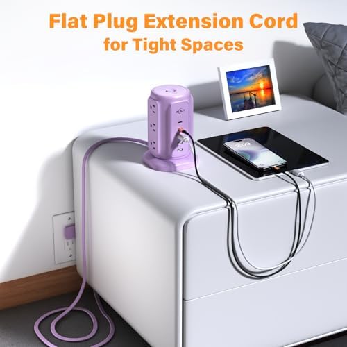 Maximize Your Power Potential with Ai Joy’s Space-Saving Flat Plug Power Strip Tower – 9 Outlets & 5 USB Ports (2 USB-C) for Rapid Charging, 1200 Joules Surge Protection, 6.5 Feet Extension Cord – Ideal for Home, Office, and Dorm Use – Durable, Efficient, and Compact Design for Uncluttered Charging Solutions