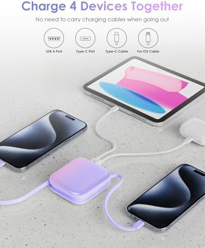 Ultra-Compact 10,000 m Ah Portable Power Bank – 22.5 W Fast Charging with Built-in i OS & USB-C Cables, Sleek LED Display, Lightweight Travel Charger for i Phone, Samsung & Android Devices – Stylish Purple Design for Modern Users