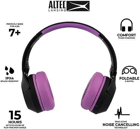 Altec Lansing Kid-Safe Wireless Headphones – Active Noise Cancellation for Children Aged 7+, 85 d B Volume Limiting, 15-Hour Battery Life, Ergonomic Foldable Design for Ultimate Comfort and Safety in Music, Movies, and Gaming