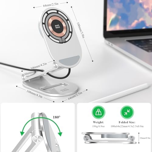 Minthouz Foldable Mag Safe Wireless Charging Stand – Adjustable 20 W Magnetic Charger for i Phone 16/15/14/13/12 Pro/Max/Plus & Air Pods 3/Pro 2 – Rapid Charging, Enhanced Compatibility, Travel-Friendly Design – Elevate Your Tech Experience