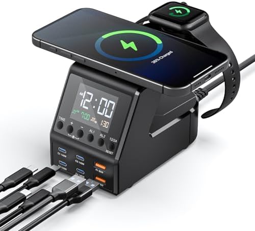 240 W Multi-Device Charging Station: 8-Port USB-C & Wireless Charger for i Phone, Mac Book, Android, i Pad – Fast, Safe Power Hub with Time Display & Smart Protection Features for Home & Office Organization