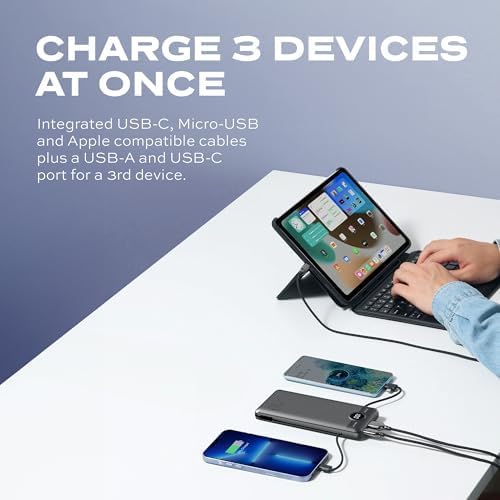 Statik Go Hub Slim 10000 m Ah Portable Charger with Built-in Cables – Universal Power Bank with Wall Plug for Fast Charging Multiple Devices on the Go – Lightweight Travel Charger for Smartphones and Tablets