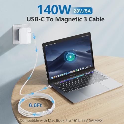 Ultra-Fast 140 W USB-C to Magnetic 3 Power Adapter for Mac Book Pro & Air (2021-2023) | Exceptional Charging Efficiency with 6.6 ft Braided Cable | Universal Compatibility for M1 & M2 Models | Innovative LED Indicator for Charging Status | CE/FCC/ROHS Certified Quality Assurance