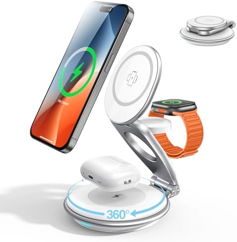 Ultimate 3-in-1 EXW Travel Charging Station for Apple Devices – Magnetic Foldable Wireless Charger for i Phone 16-12 Series, Apple Watch, and Air Pods with 30 W Fast Charger – Sleek Design for Enhanced Portability and Efficiency