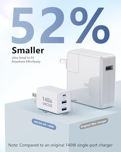 Ultra-Compact 140 W Ga N USB-C Fast Charger – Triple-Port Power Hub for Rapid Charging of Mac Book Pro, i Pad Pro, Galaxy, and i Phone – Foldable Travel Design with 4 ft Cable for Effortless Portability and Efficient Power Solutions