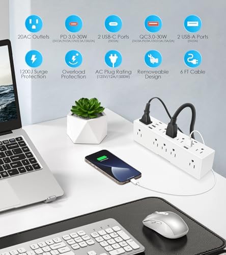 Maximize Workspace Efficiency with the Ultimate Dual Layer Desk Clamp Power Strip – 20 AC Outlets & 8 Fast Charging USB Ports, 60 W Power Delivery, 1200 J Surge Protection, 6 Ft Flexible Cord – Ideal for Multi-Device Charging and Organized Workstations