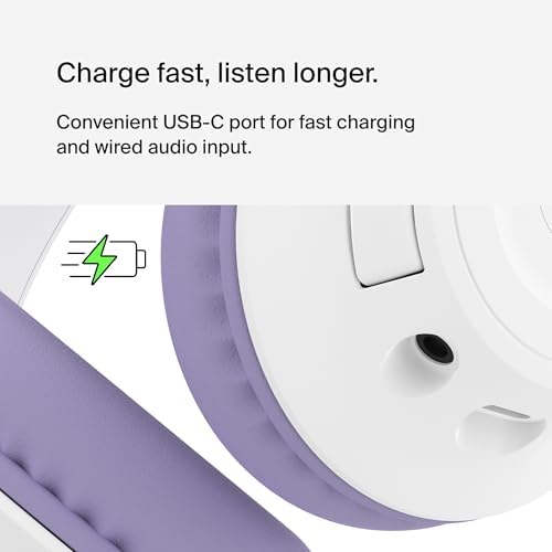 Belkin Sound Form Inspire Kids Wireless Over-Ear Headphones – Safe Listening with 85 d B Volume Limit, 35-Hour Battery Life, and Built-In Microphone – Ideal for Online Learning, Travel, and Fun – Trendy Lavender Compatible with i Phone, i Pad, Galaxy & More