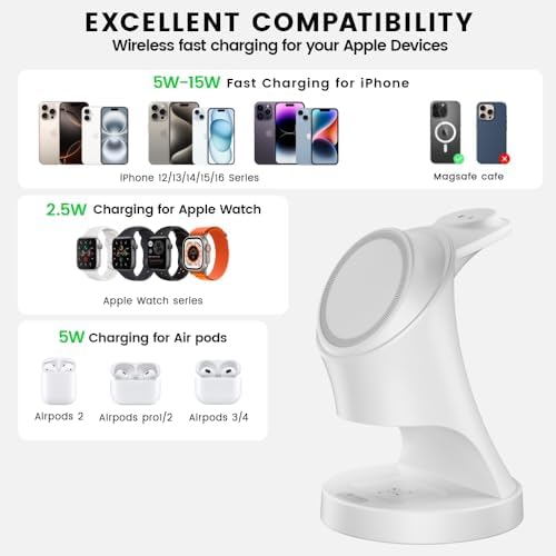 All-in-One Mag Safe Wireless Charging Station for Apple Devices – Fast 3-in-1 Charger Dock for i Phone 16/15/14/13/12 Pro/Max/Plus/Mini, Air Pods 2/3/Pro, and Apple Watch Series Ultra/8/7/SE/6/5/4/3/2 – Sleek, Space-Saving Design with Advanced Safety Features