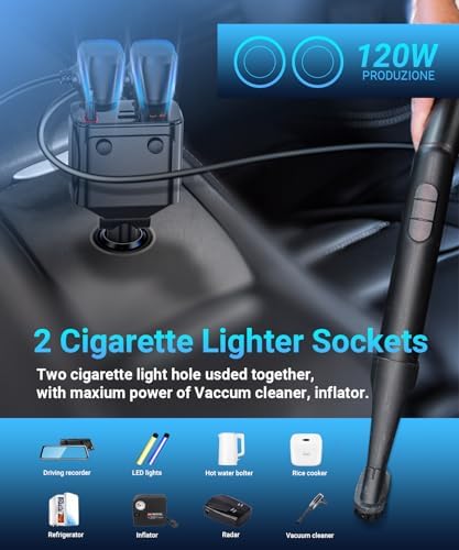 180 W Retractable Car Charger Splitter: 5-in-1 USB Fast Charging Hub with Dual USB Ports, Dual Cigarette Lighter Sockets, Individual Power Switches, and LED Voltmeter for Optimal Charging Efficiency and Vehicle Utility