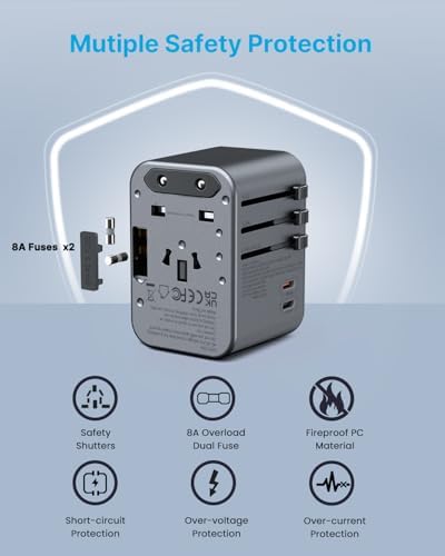 VINTAR Universal Travel Adapter: All-in-One Power Converter with 6 A Output, 3 USB-C and 2 USB Ports for Fast Global Charging Across Europe, UK, USA, and Australia – Essential Travel Accessory for Effortless Device Connectivity and Safety Features
