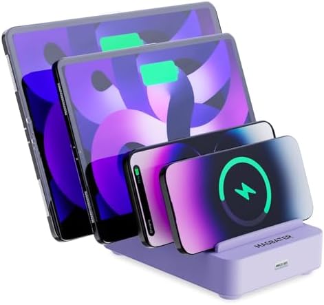 Purple 4-Port Fast Charging Station – Multi-Device USB Organizer Dock for i Phones, i Pads, Kindle Tablets, and More – Efficient Power Management with Enhanced Safety Features and Sleek Design for Home and Office Use