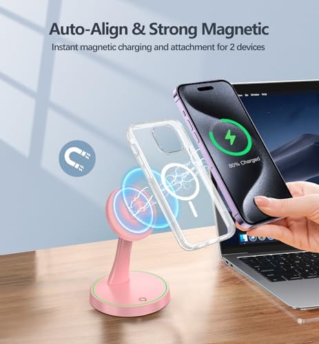 Efficient Magnetic Wireless Charging Stand – 15 W Fast Mag Safe Charger for i Phone 16 Series & Earlier, Sleep-Friendly Indicator Light, Sleek Design, Enhanced Compatibility & Quick Charge for Air Pods – Ultimate Cordless Convenience