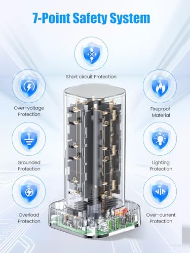 Ultimate Tower Power Strip Surge Protector – 12 AC Outlets & 4 High-Speed USB Ports (2 USB-C) with 6 FT Flexible Extension Cord – Versatile Charging Station for Home, Office, Dorm & Travel (Black) – Unmatched Safety & Space-Saving Design
