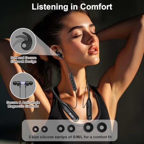 Hmusic H25 Bluetooth Neckband Headphones – Exceptional 200-Hour Battery Life with IPX5 Waterproof Protection for Active Users, Superior Audio Performance with ENC Microphone, Next-Gen Bluetooth 5.4 for Effortless Pairing, Ergonomically Designed for Ultimate Comfort During Gaming, Work, and Travel Activities